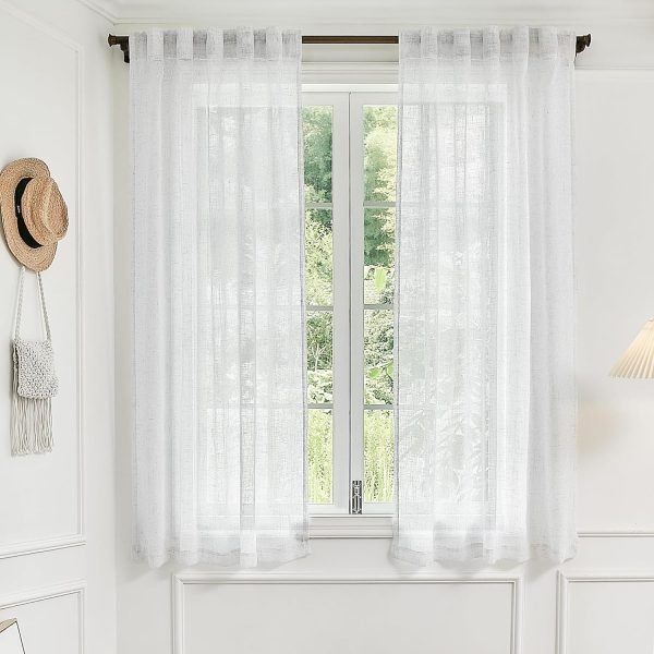 81swGMfNTbL._AC_SL1500 White Linen Sheer Curtains 96 Inch Length for Extra Wide Windows 84 Inch Width 2 Panel Back Tab Pocket Light Filter Semi Sheer Long Skinny Curtains for Living Room Rustic Farmhouse 8 FT Wide 84 x 96