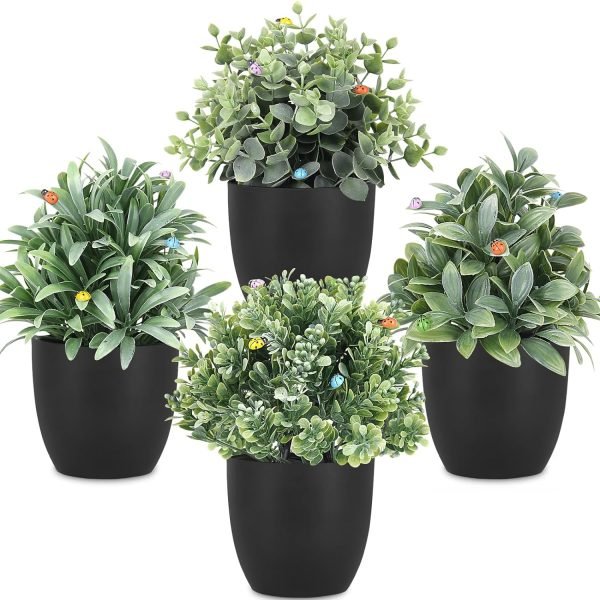 rtificial Potted Plants Mini Fake Plants in Pots, 4 Pack Medium Eucalyptus Potted Faux Decorative Grass Plant with White Plastic Pot for Home Decor, Indoor, Office, Desk, Table Decoration
