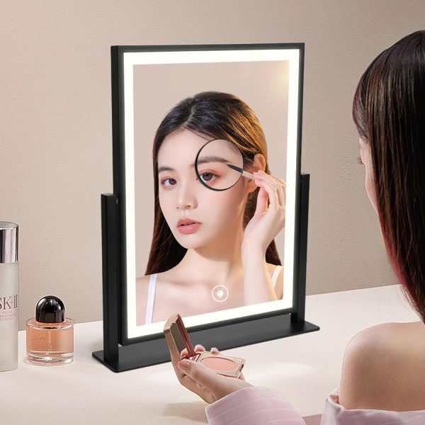 81tffWc_J8L._AC_SL1500 Lighted Vanity Mirror Fashion Makeup Mirror 12in Black for Desktop with Detachable,10x Magnifying,360° Rotation,Adjustable Warm White/Natural/Daylight Dimmable Light Memory,Birthday Gift for Woman