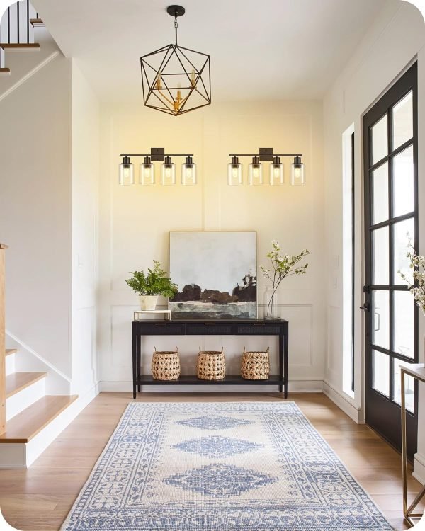 81thM6HoBFL._AC_SL1500 4-Light Black Bathroom Light Fixture, Vanity Light Over Mirror with Clear Glass Shade, Modern Sconce Wall Lighting with Metal Base, for Mirror Bedroom Powder Room Hallway, Black B04BD05