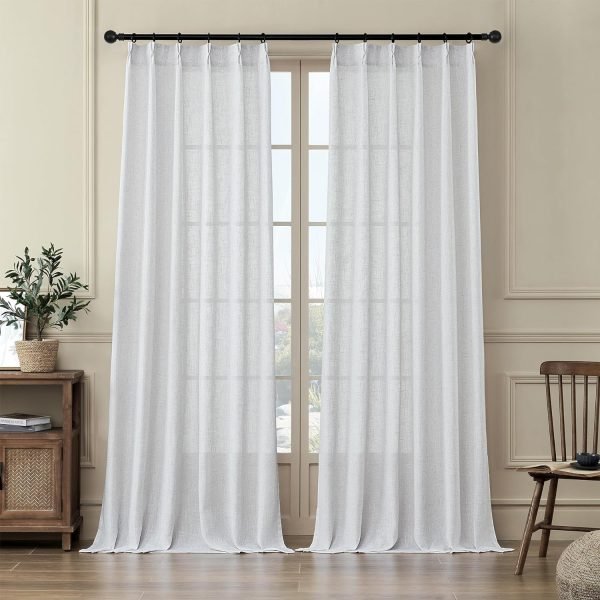 81trPusD5jL._AC_SL1500 Pleated Linen Curtains 96 Inches Long for Living Room 2 Panel Set, Semi Sheer Pinch Pleat Back Tab Drapes with Hooks Neutral Boho Light Filtering Curtain for Bedroom Window 8 Ft W38xL96