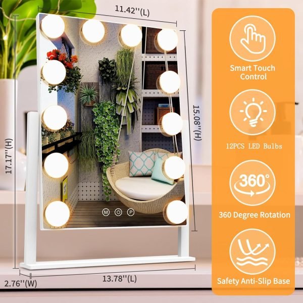 Vanity Mirror with Lights, Makeup Mirror with Lights Lighted Makeup Mirror with 3 Color Lighting Modes and 12 Dimmable Bulbs, Detachable 5X Magnification, Smart Touch Control, 360°Rotation, White