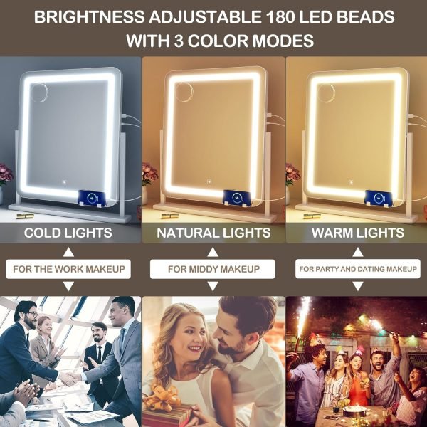 81vZQeZG12L._AC_SL1500 Makeup Vanity Mirror with Lights 15.2" Large LED Lighted Mirror, Hollywood Make Up Mirror with Lighting for Bedroom Tabletop, Smart Touch, Detachable 10X Magnification 360° Rotation, (White)
