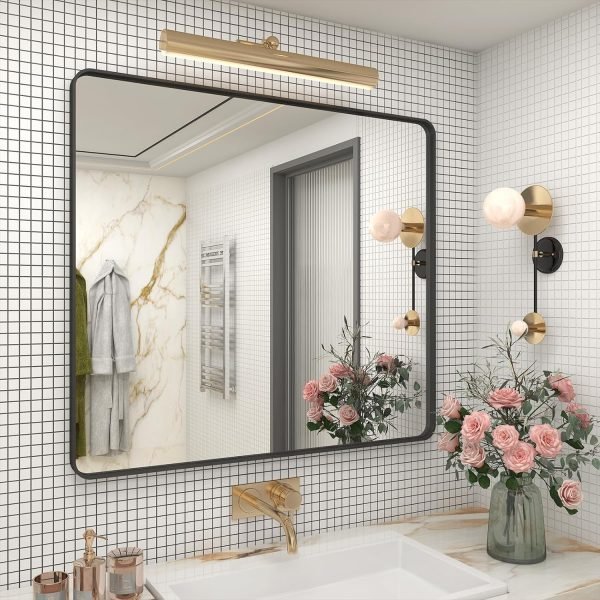 81vf4Mlg58L._AC_SL1500 20x30 Silver Bathroom Mirror, Silver Wall Mirror for Vanity, Brushed Metal Framed Rectangle Mirror, Anti-Rust, Brushed Nickel,Shatterproof, Round Corners(Horizontally/Vertically)