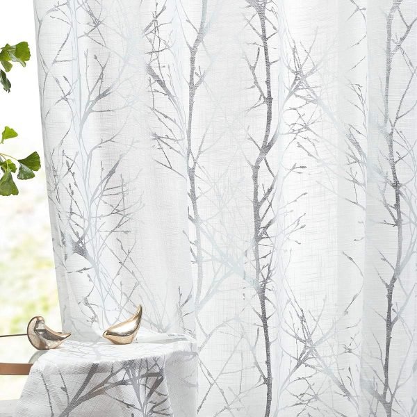 Tree Print Yellow Grey and White Curtains for Living Room Windows - Linen Textured Grommet Branches Pattern Window Treatment Set for Bedroom - 50" W x 96" L - (2 Panels)
