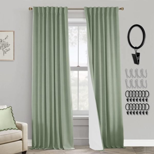 108 Inch Long Blackout Curtains & Drapes for Track System Pleated with Hooks Rings 2 Panels Set,Linen Black Out Back Tab 9FT Ceiling to Floor Length Curtains for Living Room,Cream Ivory