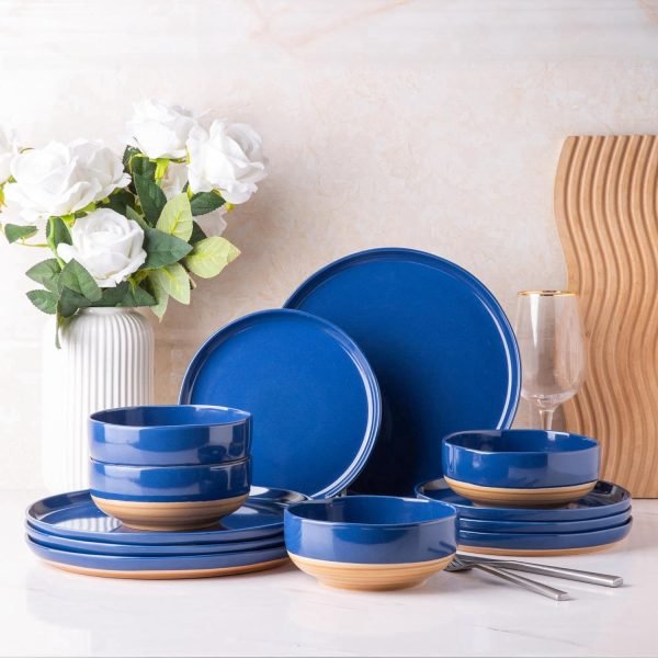 Stoneware Dinnerware Sets for 4, 12 Pieces Handpainted Plates and Bowls Set with Wavy Rim, Chip and Scratch Resistant Dishes set, Dishwasher & Microwave Safe, Royal Blue