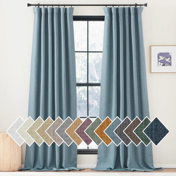Faux Linen Curtains 90 inches Long for Doorway, Pinch Pleated Thick Room Darkening Window Treatments Noise Reducing Privacy for Living Room/Bedroom, Natural, W34 x L90, 2 Panels