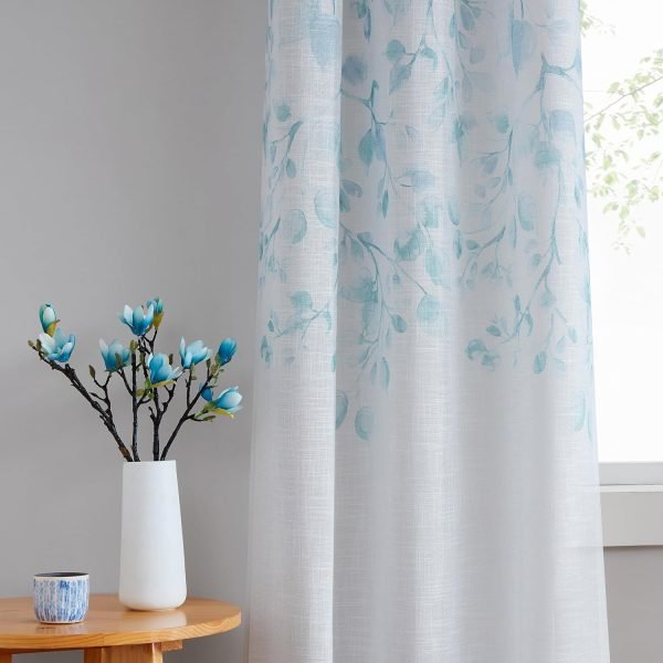 Gray Tan Leaf Floral Print Metallic Sheer Curtain Panels for Autumn Fall Rustic Living Room Bedroom Sparkling Decorative Grommet Top Window Treatment Farmhouse Drape, 40"x84"x2