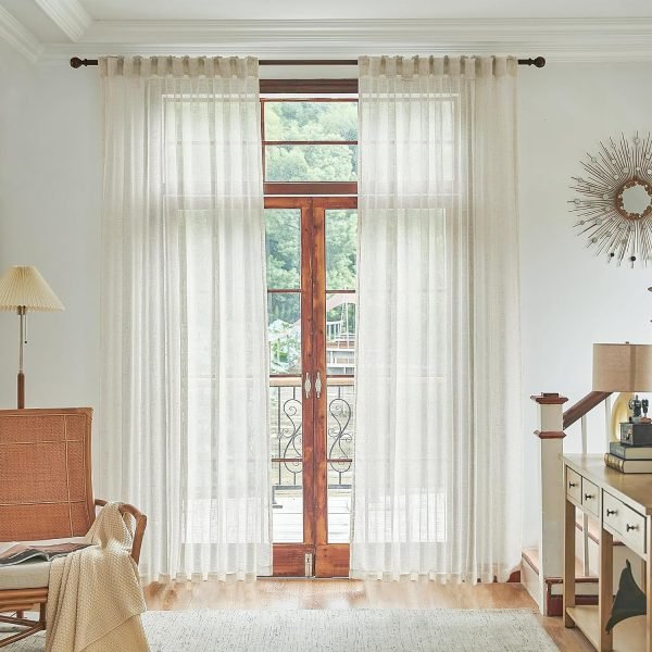 916n3QbaOFL._AC_SL1500 White Linen Sheer Curtains 96 Inch Length for Extra Wide Windows 84 Inch Width 2 Panel Back Tab Pocket Light Filter Semi Sheer Long Skinny Curtains for Living Room Rustic Farmhouse 8 FT Wide 84 x 96