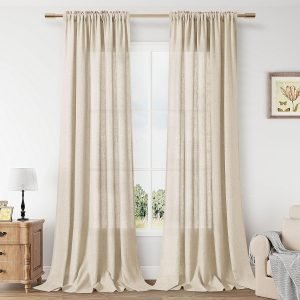 Linen Curtains 108 Inch Length for Living Room Bedroom 2 Panels Set Rod Pocket Light Filtering Semi Sheer Window Curtains 40 Inch Width Boho Farmhouse Linen Drapes Flax Beige Linen, W40xL108