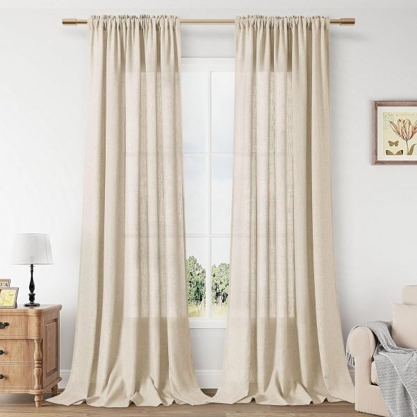 919Vmxqe2tL._AC_SL1500 Linen Curtains 108 Inch Length for Living Room Bedroom 2 Panels Set Rod Pocket Light Filtering Semi Sheer Window Curtains 40 Inch Width Boho Farmhouse Linen Drapes Flax Beige Linen, W40xL108