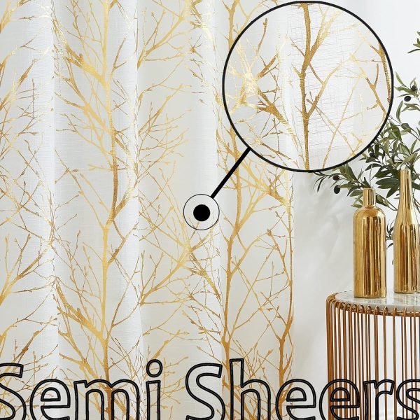 Tree Print Yellow Grey and White Curtains for Living Room Windows - Linen Textured Grommet Branches Pattern Window Treatment Set for Bedroom - 50" W x 96" L - (2 Panels)