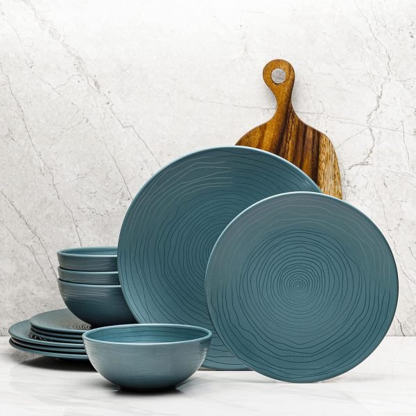 91EO1L0gNML._AC_SL1500 12 Piece Melamine Dinnerware Set - Durable, Dishwasher Safe Plates and Bowls - Casual Dining, Parties, Blue Dish Set Organica Blue Collection