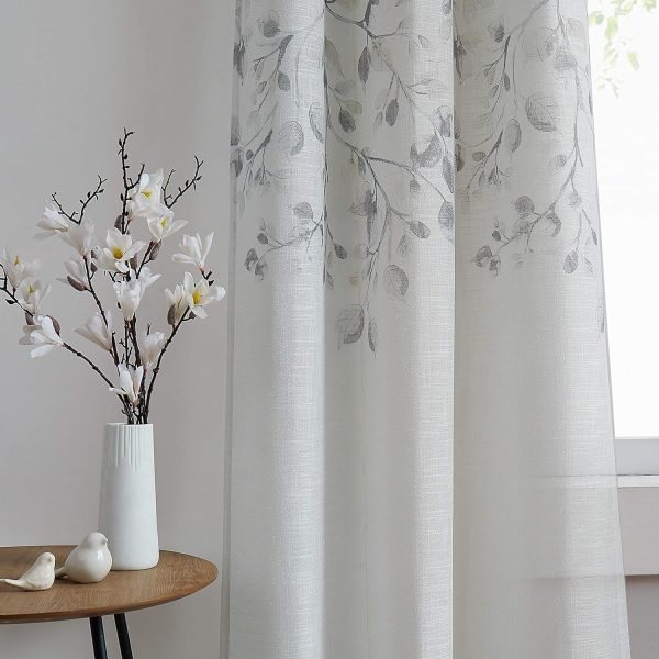 Gray Tan Leaf Floral Print Metallic Sheer Curtain Panels for Autumn Fall Rustic Living Room Bedroom Sparkling Decorative Grommet Top Window Treatment Farmhouse Drape, 40"x84"x2