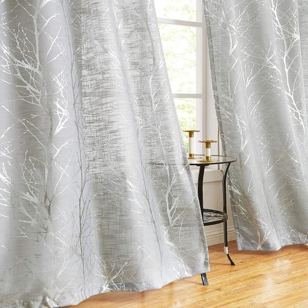 Tree Print Yellow Grey and White Curtains for Living Room Windows - Linen Textured Grommet Branches Pattern Window Treatment Set for Bedroom - 50" W x 96" L - (2 Panels)