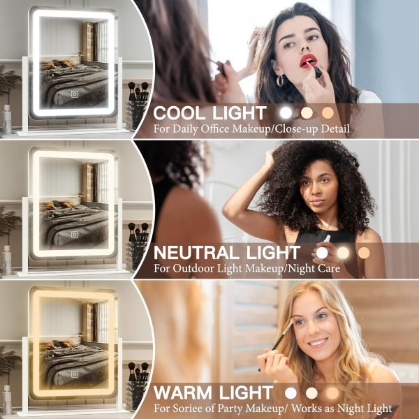 91VkH0uYvrL._AC_SL1500 Vanity Mirror with Lights - 15"x12.6" LED Lighted Makeup Mirror, Large Makeup Mirror with Lights, Touch Screen with 3-Color Lighting, Dimmable, for Vanity Desk Tabletop, Bedroom