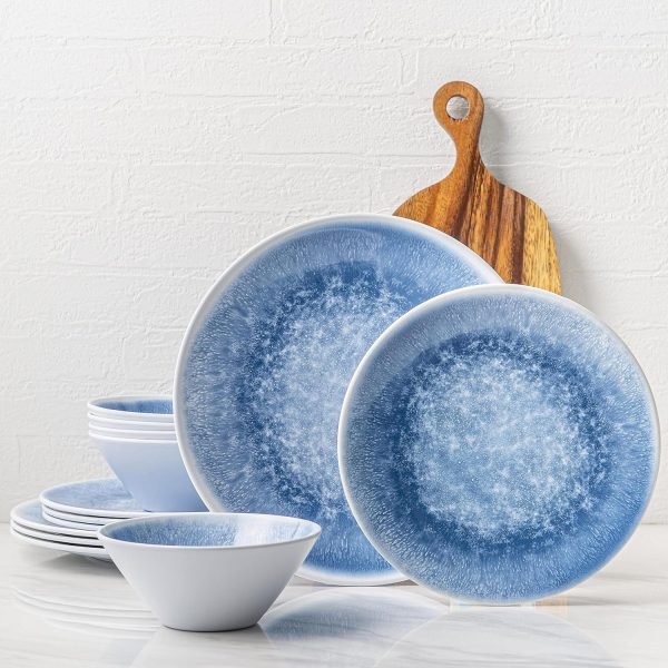 91b_cLXVK-L._AC_SL1500 12 Piece Melamine Dinnerware Set - Durable, Dishwasher Safe Plates and Bowls - Casual Dining, Parties, Blue Dish Set Organica Blue Collection