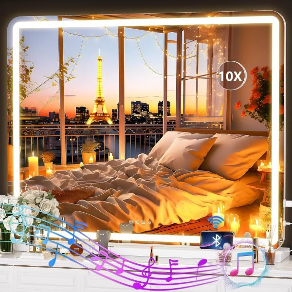 Vanity Mirror with Lights, 10"×12" LED Makeup Mirror, Lighted Makeup Mirror with Lights, Smart Touch Control Dimmable 3 Modes Light 360°Rotation White