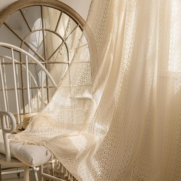 Curtains 63 Inches Long, Bohemian Linen Style Textured Curtains with Tassels for Bedroom, Semi Blackout Farmhouse Drapes, Rod Pocket Window Treatments 2 Panels, 52" x 63", Olive Green