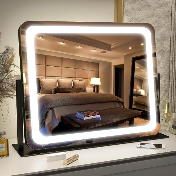 91mBr1dvK-L._AC_SL1500 Vanity Mirror with Lights - 15"x12.6" LED Lighted Makeup Mirror, Large Makeup Mirror with Lights, Touch Screen with 3-Color Lighting, Dimmable, for Vanity Desk Tabletop, Bedroom