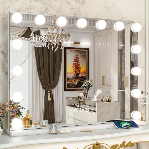 91nSkErkJaL._AC_SL1500 Vanity Mirror with Lights - 15"x12.6" LED Lighted Makeup Mirror, Large Makeup Mirror with Lights, Touch Screen with 3-Color Lighting, Dimmable, for Vanity Desk Tabletop, Bedroom