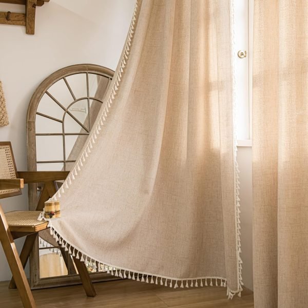 Curtains 63 Inches Long, Bohemian Linen Style Textured Curtains with Tassels for Bedroom, Semi Blackout Farmhouse Drapes, Rod Pocket Window Treatments 2 Panels, 52" x 63", Olive Green