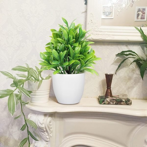 rtificial Potted Plants Mini Fake Plants in Pots, 4 Pack Medium Eucalyptus Potted Faux Decorative Grass Plant with White Plastic Pot for Home Decor, Indoor, Office, Desk, Table Decoration