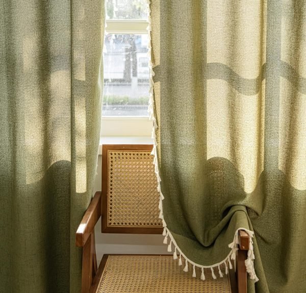 Curtains 63 Inches Long, Bohemian Linen Style Textured Curtains with Tassels for Bedroom, Semi Blackout Farmhouse Drapes, Rod Pocket Window Treatments 2 Panels, 52" x 63", Olive Green