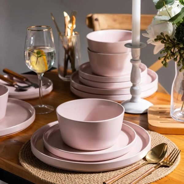 Ceramic Dinnerware Sets of 4, Modern Flat Stoneware Plates and Bowls Sets,Chip and Crack Resistant | Dishwasher & Microwave Safe