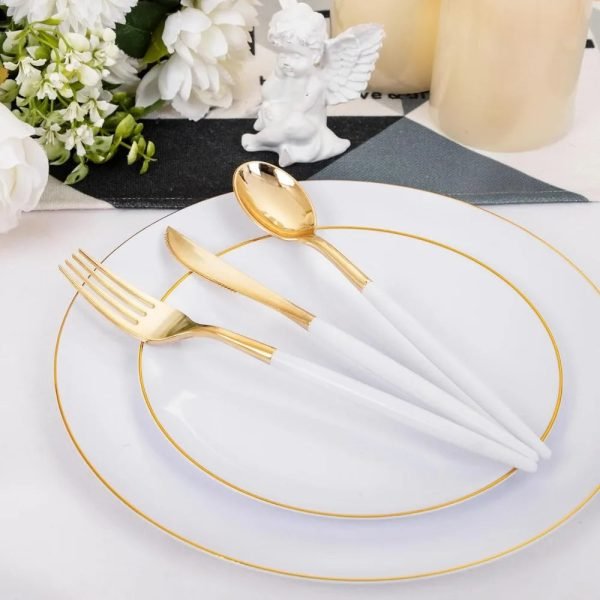 Gold Plastic Plates with Disposable Silverware, Gold Cutlery with White Handle