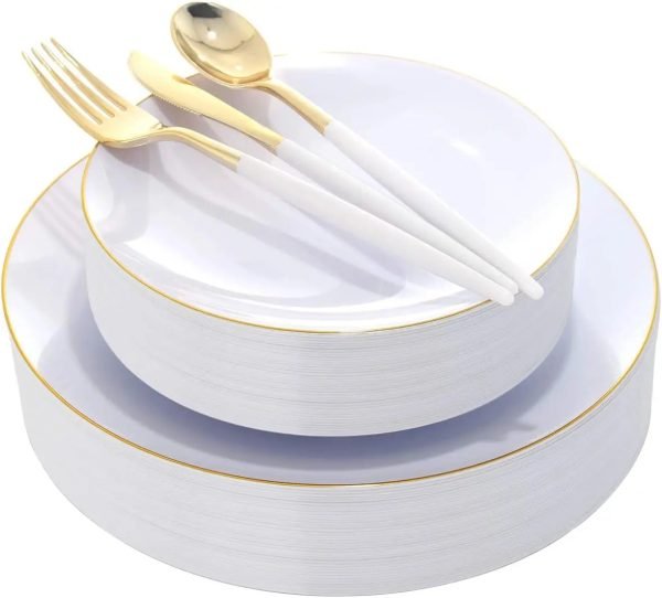 Gold Plastic Plates with Disposable Silverware, Gold Cutlery with White Handle