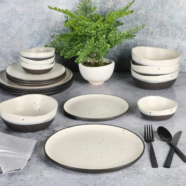 Double Bowl Dinnerware Set, Service for 4 (16pcs), White and Black