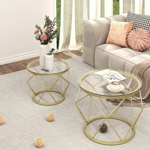 Gold-Coffee-Table-Round-End-Table-Set-of-2-Coffee-Table-with-Metal-Frame-and-Tempered_7c4a22c1-9b67-462d-a77e-6ce792bf390f Gold Coffee Table, Round End Table Set of 2, Coffee Table with Metal Frame and Tempered Glass Top, Modern Accent Side Table