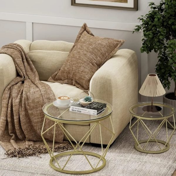 Gold-Coffee-Table-Round-End-Table-Set-of-2-Coffee-Table-with-Metal-Frame-and-Tempered_fc65cd56-1716-4f28-a19f-937e446e1c7f Gold Coffee Table, Round End Table Set of 2, Coffee Table with Metal Frame and Tempered Glass Top, Modern Accent Side Table