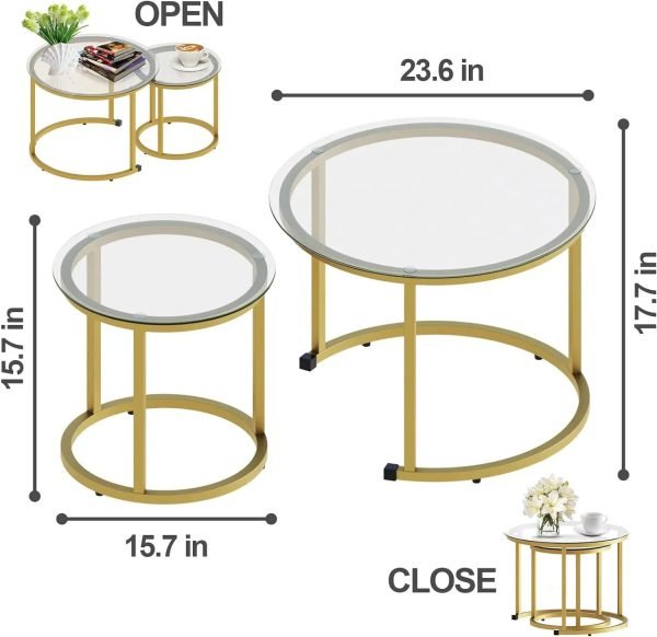 Gold-Nesting-Coffee-Table-Set-of-2-Small-Glass-Round-Nesting-Tables-for-Living-Room-Bedroom_af3457a5-6b36-429a-9040-6ecbb4ae42a5 Gold Nesting Coffee Table Set of 2, Small Glass Round Nesting Tables for Living Room Bedroom, Accent Tea Table with Metal Frame