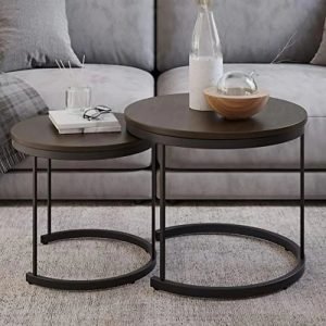 Industrial Woodgrain Round Coffee Table Set Nesting End Tables Living Room Office Craft Display Snack Plate Spot Brown Walnut