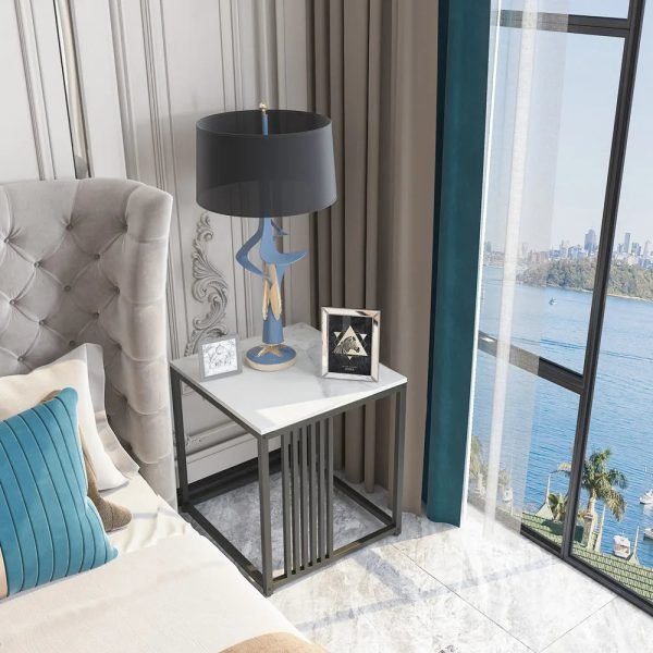 Square End Table White Marble Sofa Corner Side Bedside Table with Gold n Black Legs