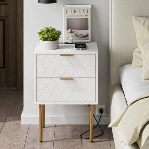 Nightstand,Mid-Century Modern Bedside Table with 2 Storage Drawer,Small Gold Frame Side End Table for Bedroom,Living Room