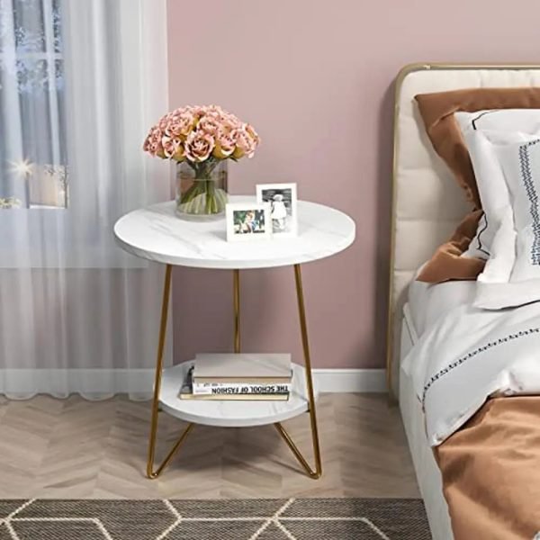 Modern Faux Marble End Table with Dual-Layer Storage Small Coffee Accent Table Living Room White and Gold Hairpin Legs Sturdy