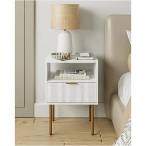 Nightstand,Small Bedside Table with Gold Frame,White Night Stand,Bedside Furniture,Side Table with Drawer and Shelf for Bedroom