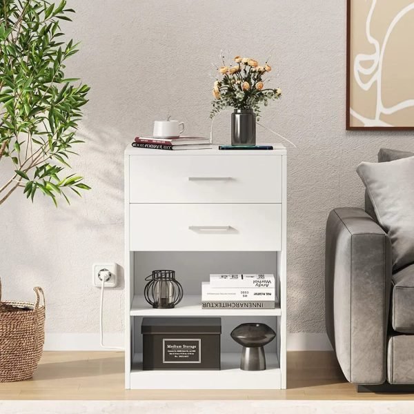 Nightstand-with-Charging-Station-2-Drawers-Bedside-Table-with-USB-Port-and-Outlets-Storage-Shelves-with Nightstand with Charging Station, 2 Drawers Bedside Table with USB Port and Outlets, Storage Shelves with Sliding Drawer