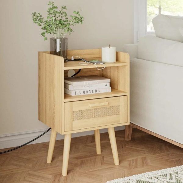Nightstand with Charging Station,Bedside Table with PE Rattan Decor Drawer,Rattan Night Stand with Solid Wood Legs
