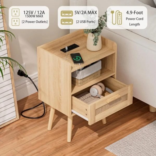 Nightstand with Charging Station,Bedside Table with PE Rattan Decor Drawer,Rattan Night Stand with Solid Wood Legs