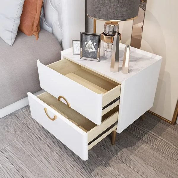 Nordic Bedroom Bedside Table Modern Narrow Rock Surface Nightstand 2 Drawers Wooden Bedroom Tables Night Stand