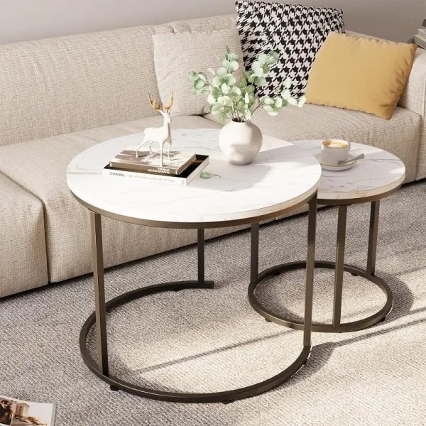 Round Nesting Coffee Table Side Table Set of 2 End Tables for Living Room Bedroom Balcony,Faux Marble Wooden Table 31IN