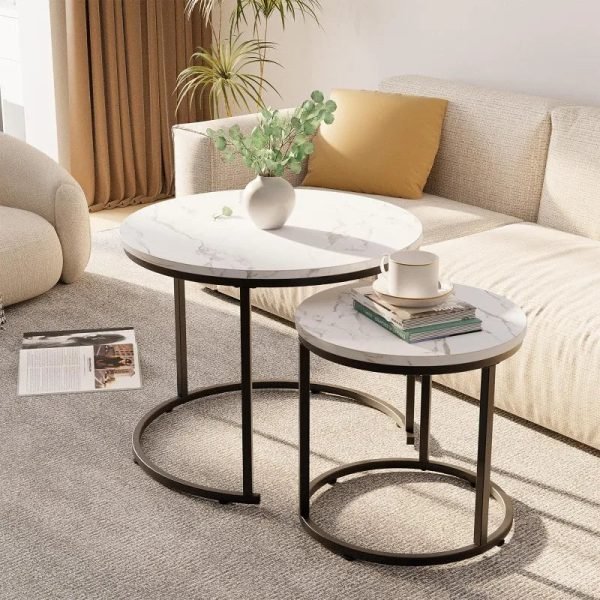 Round Nesting Coffee Table Side Table Set of 2 End Tables for Living Room Bedroom Balcony,Faux Marble Wooden Table 31IN