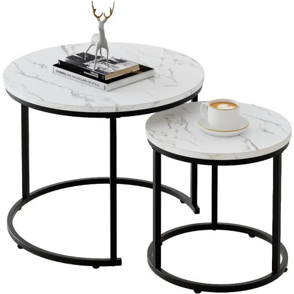 Round Nesting Coffee Table Side Table Set of 2 End Tables for Living Room Bedroom Balcony,Faux Marble Wooden Table 31IN
