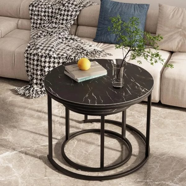 Round Nesting Coffee Table Side Table Set of 2 End Tables for Living Room Bedroom Balcony,Faux Marble Wooden Table 31IN