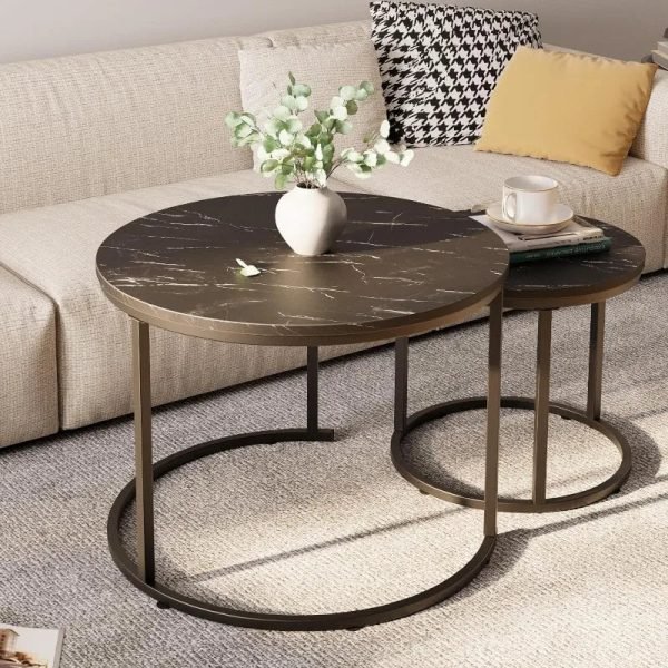 Round Nesting Coffee Table Side Table Set of 2 End Tables for Living Room Bedroom Balcony,Faux Marble Wooden Table 31IN